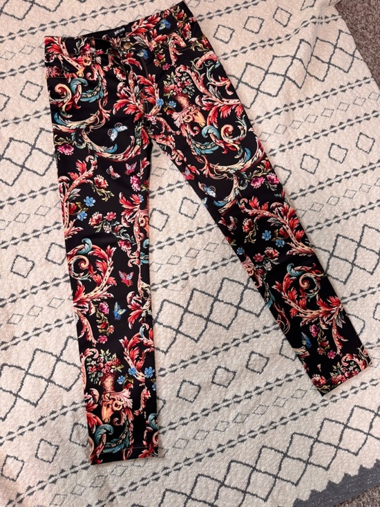 Just Cavalli Pants - Just Cavalli Black Floral Print Pants with Pink and Gold Accents